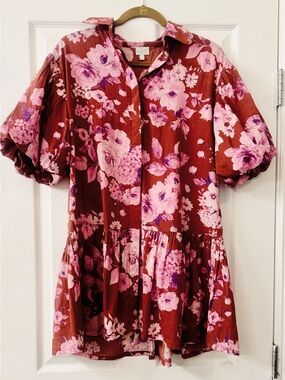 WKND WYFR frock it  Floral Puff-Sleeve Button Front Tunic - Pink on Rust